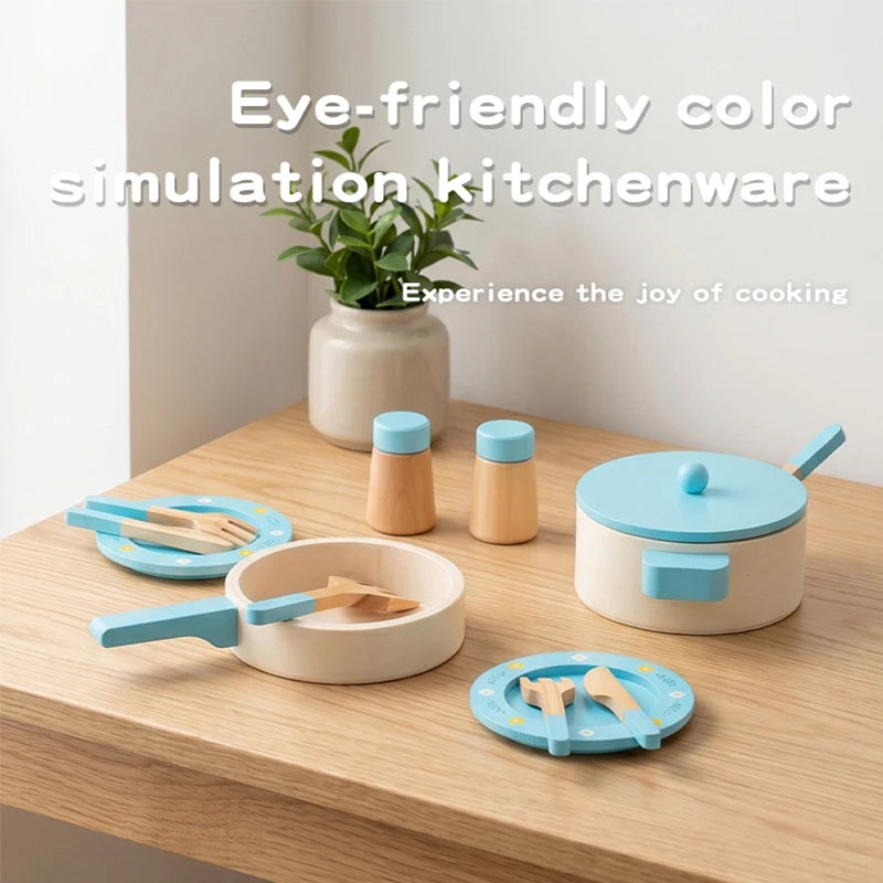 Wooden Pretend Play Kitchen Set with Pots Pans and Utensils