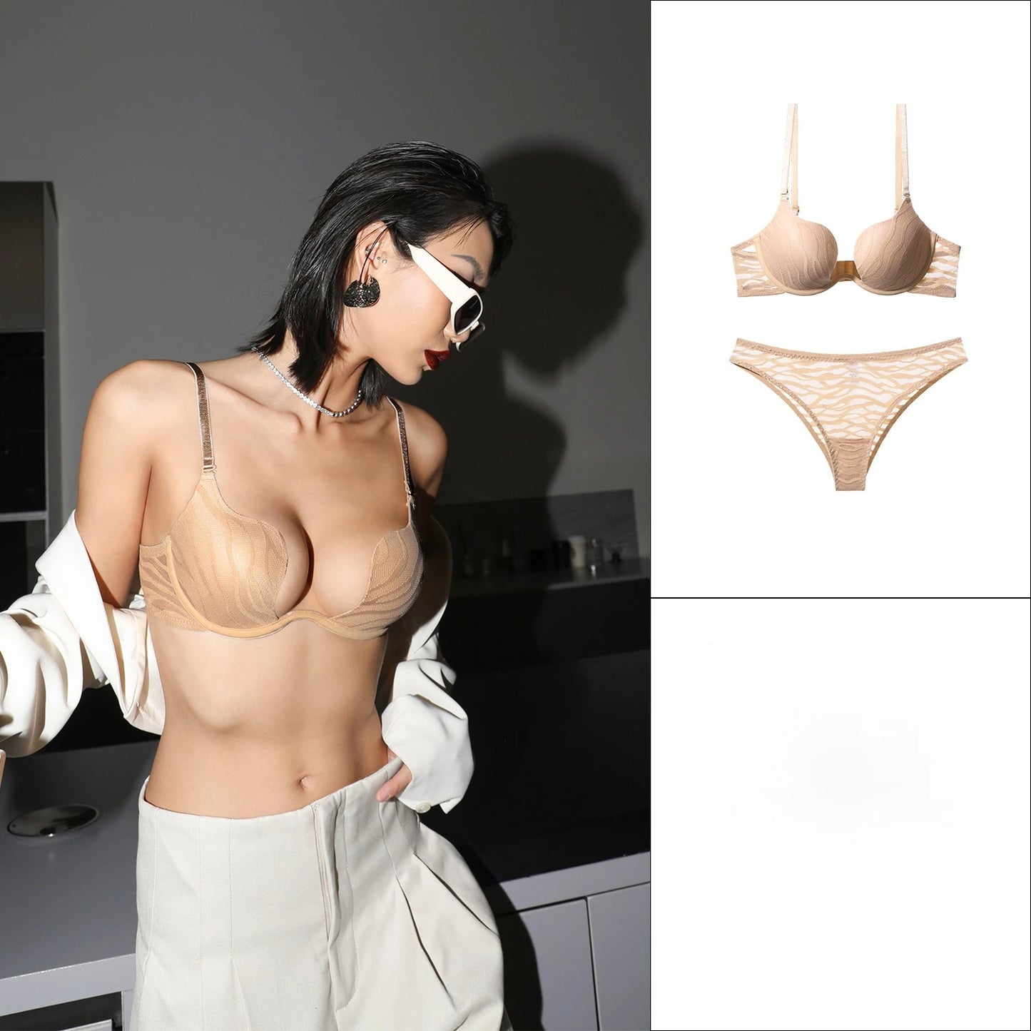 Womens U Shaped Underwire Push Up Bra and Brief Set