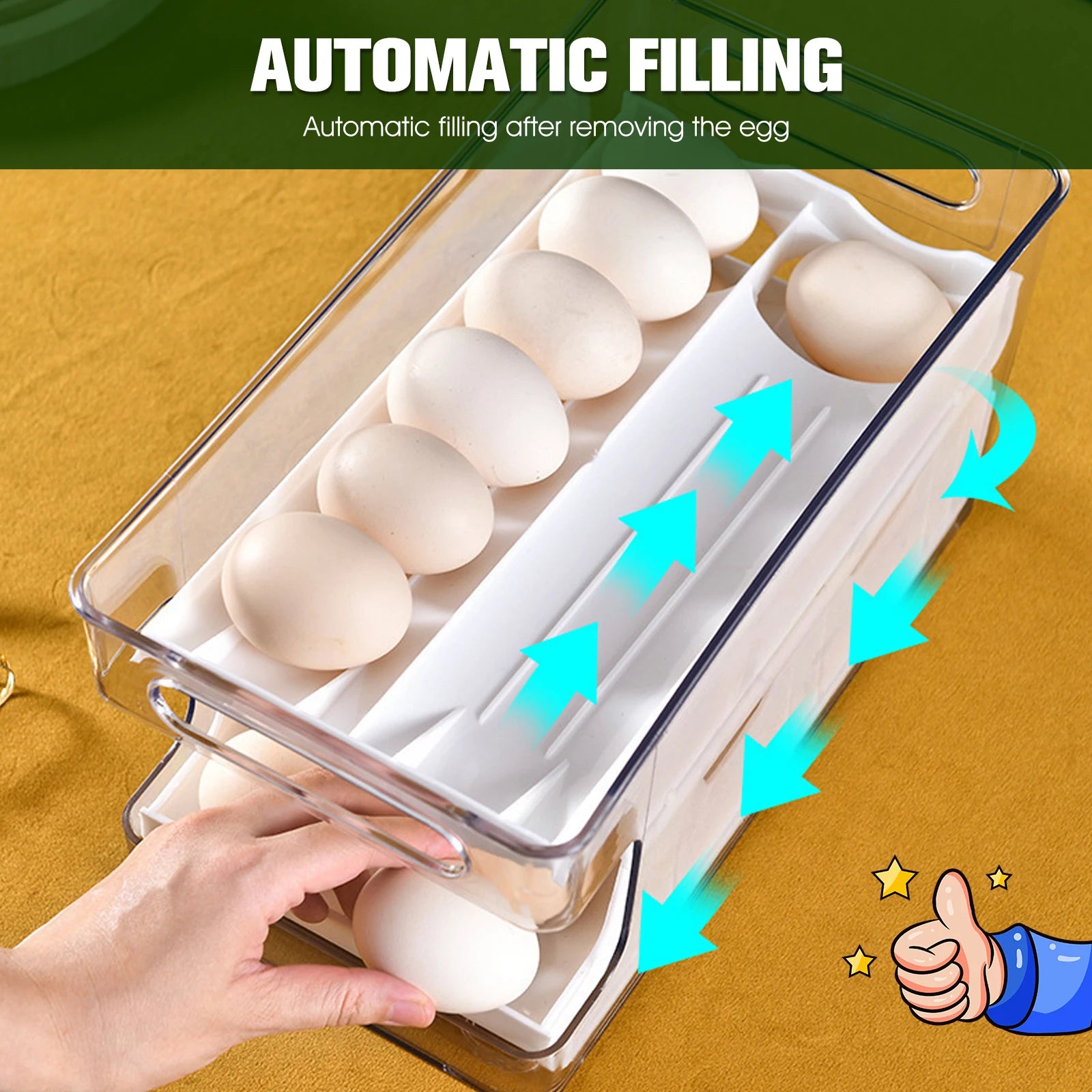 2-Layer 24-Egg Storage Container – Automatic Rolling Egg Holder Space-Saving Refrigerator Organizer