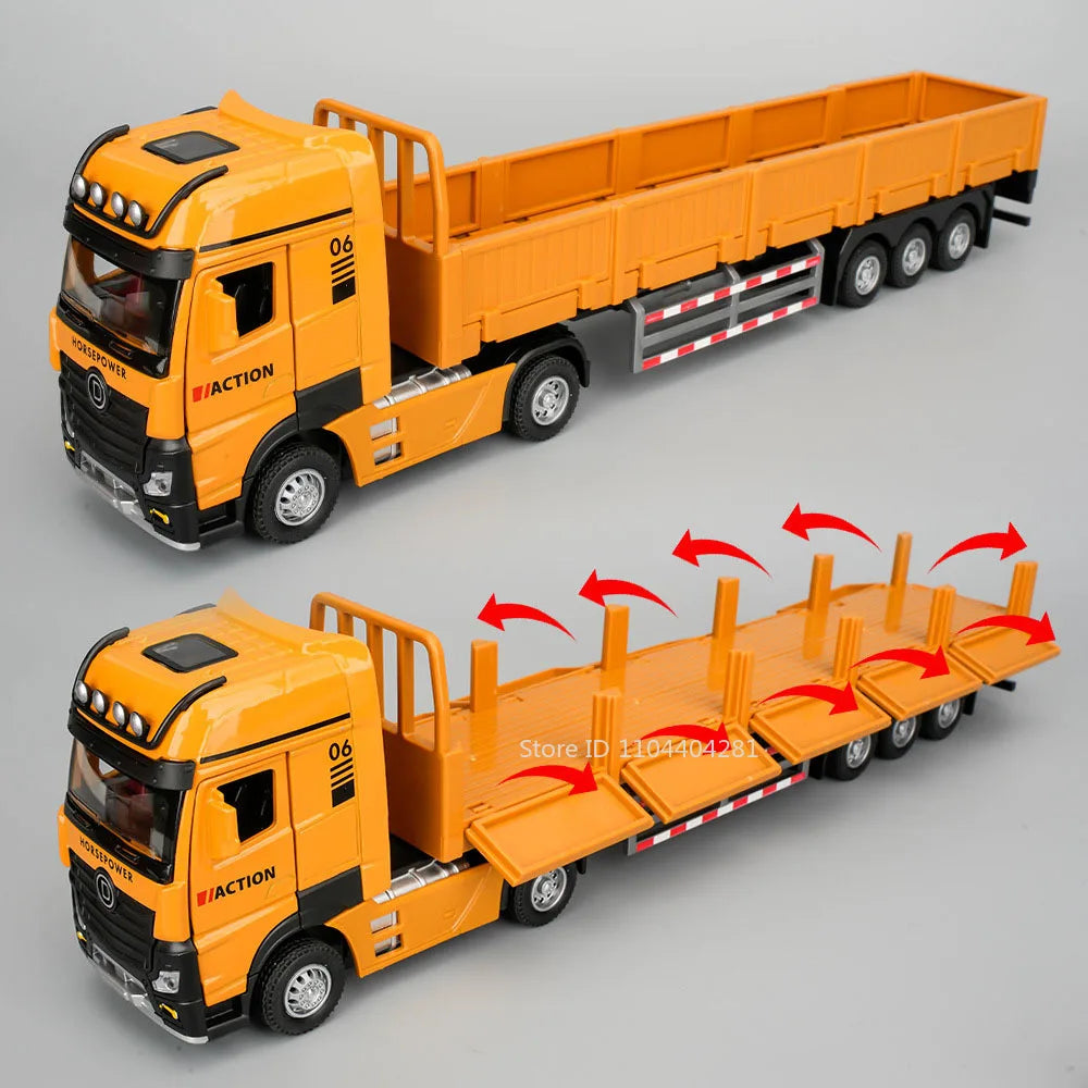 1:32 Roadblock Transport Truck Flatbed Trailer Model Toys Diecast Alloy Car Doors Opened Sound Light Pull Back Vehice Boy's Puzz