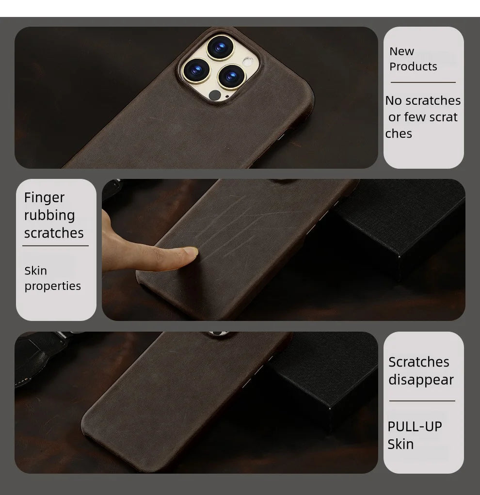 for Magsafe Case for iPhone 15 16 Pro Max 16Pro Retro Luxury Full Grain Cowhide Genuine Oiled PULL-UP Leather  Cover