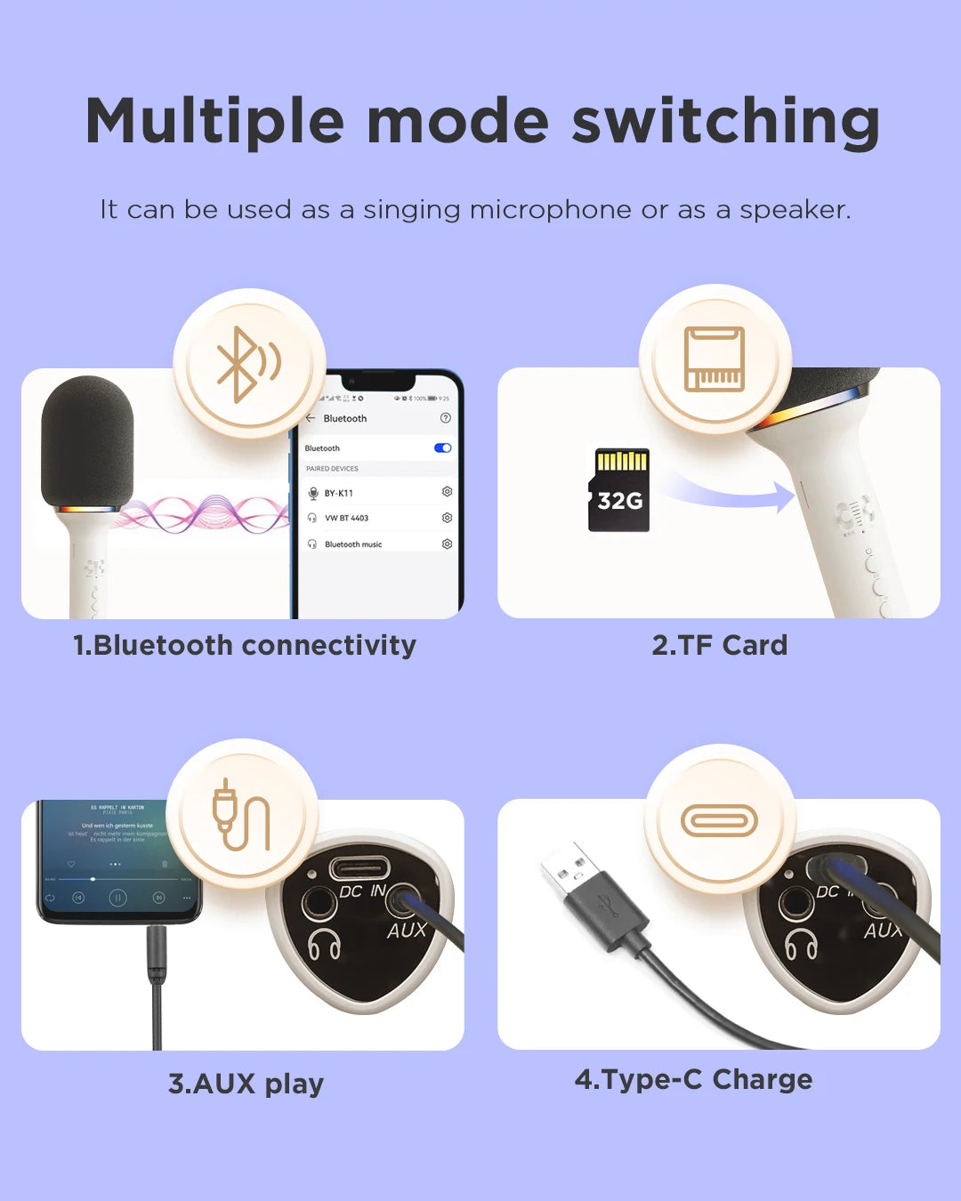 K11 Wireless Bluetooth Karaoke Microphone Portable Handheld Mic Speaker Machine Home Party Birthday Home KTV for Smartphone