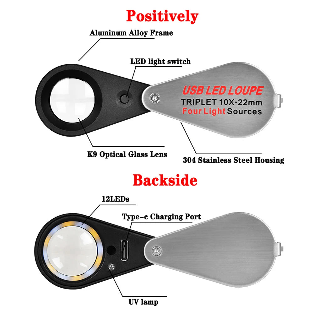 10X 20X 30X Rechargeable LED UV Jewelry Loupe with 4 Light Modes