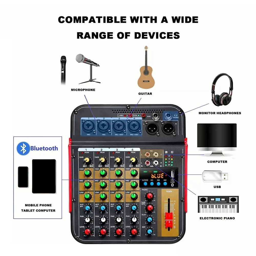 6 Channel Audio Mixer with Bluetooth Reverb and 48V Phantom Power