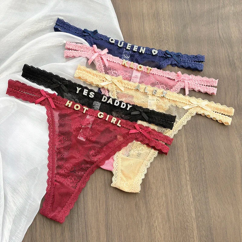 Custom Name Panties Crystal Letters Thong Women Lace Underpants Bikini G-String