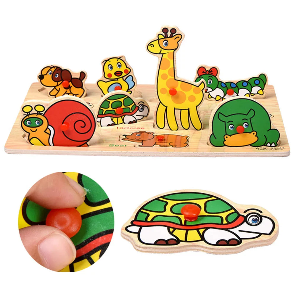 Montessori Wooden Puzzles Hand Grab Boards Toys Tangram Jigsaw  Educational Toys Cartoon Vehicle Animals Fruits 3D Puzzles