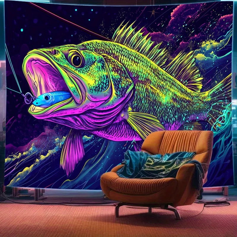 Bigmouth Black Bass Tapestry Neon Starry Sky Background Wall Decor for Living Room Game Room and Bedroom