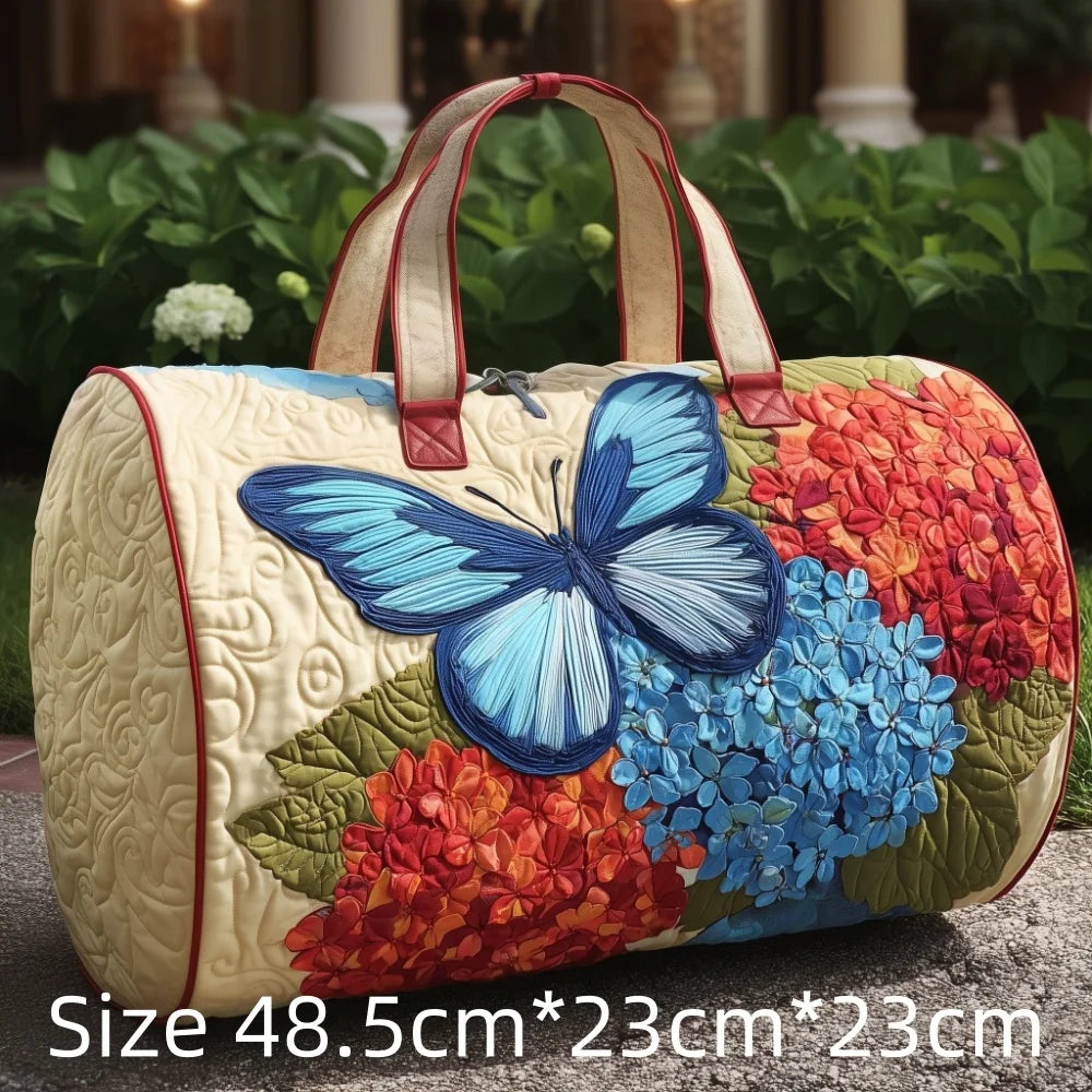 3D Quilted Duffel Bag Butterfly Print Colorful Roses Hydrangea Travel Weekender Large Capacity Gym Bag Women Vibrant Boho Style