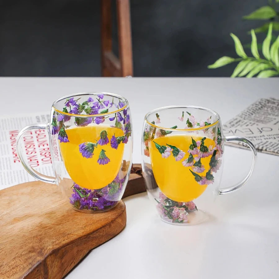 Double Wall Glass Coffee Mugs Double Insulated Glass Cup 350ml Flower Design