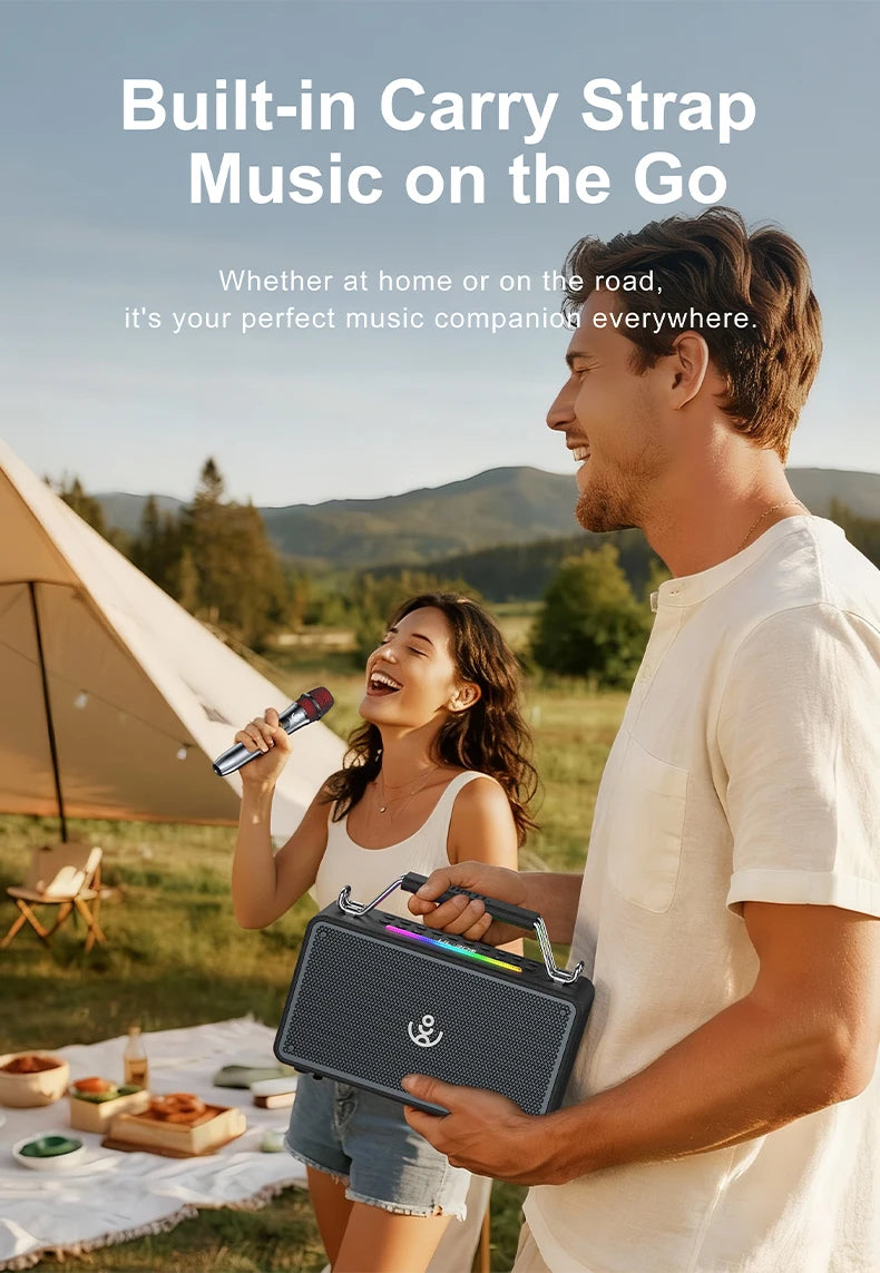Bold Mini Portable Outdoor 80W High-Power Karaoke Speaker with 1 Microphone and Heavy Bass for Parties and Camping