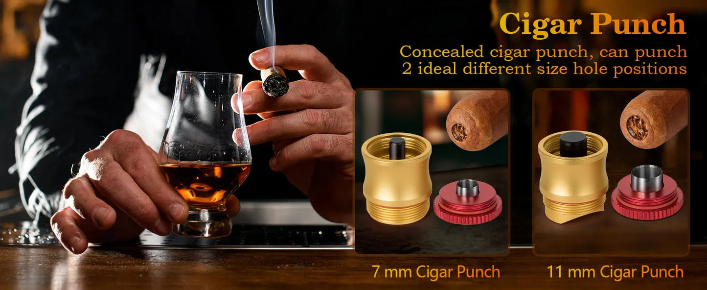 Travel Cigar Tube, Portable Aluminum Cigar Storage Tube Built in Humidifier, with Dual Cigar Punch Cigar Needle Cigar Holder