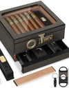 Cigar Humidor, Glass Top Desktop Box with Digital Thermo-Hygrometer, Humidifier, Divider, Accessories Drawer & Combination Lock