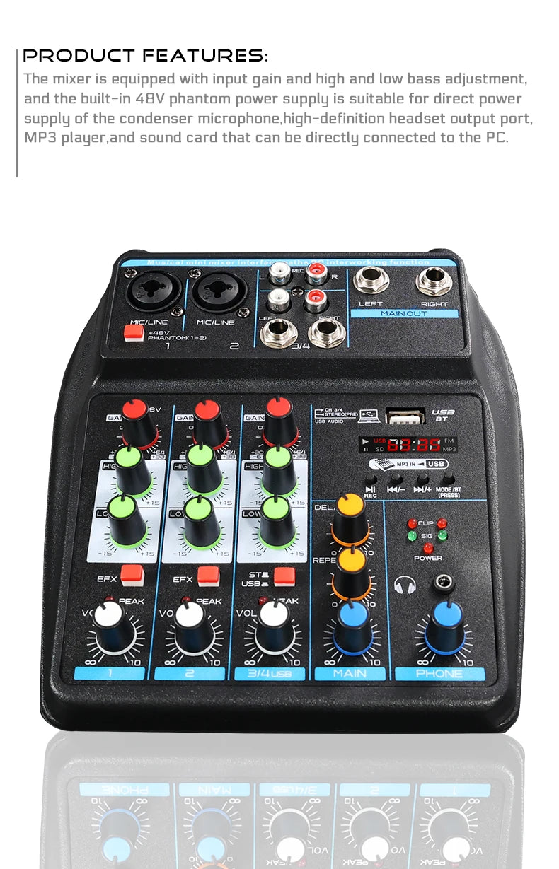 4 Channel DJ Audio Mixer With Bluetooth USB And 48V Phantom Power