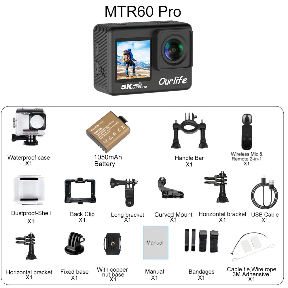 5K Action Camera with 2.0 Inch Touch Screen WiFi EIS and 30M Waterproof Housing