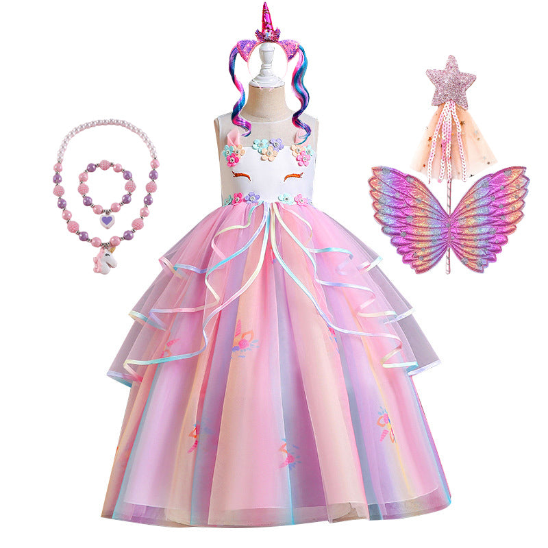Unicorn Flower Applique Princess Ball Gown Dress