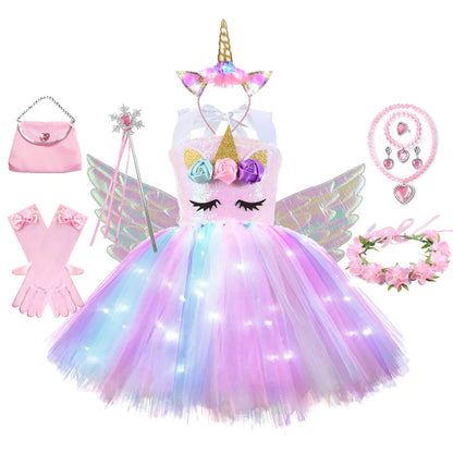 Girls Rainbow Unicorn Light Up Tutu Dresses for Kids Birthday Party Sequins Glowing Knee Length Dress Halloween Animal Costumes