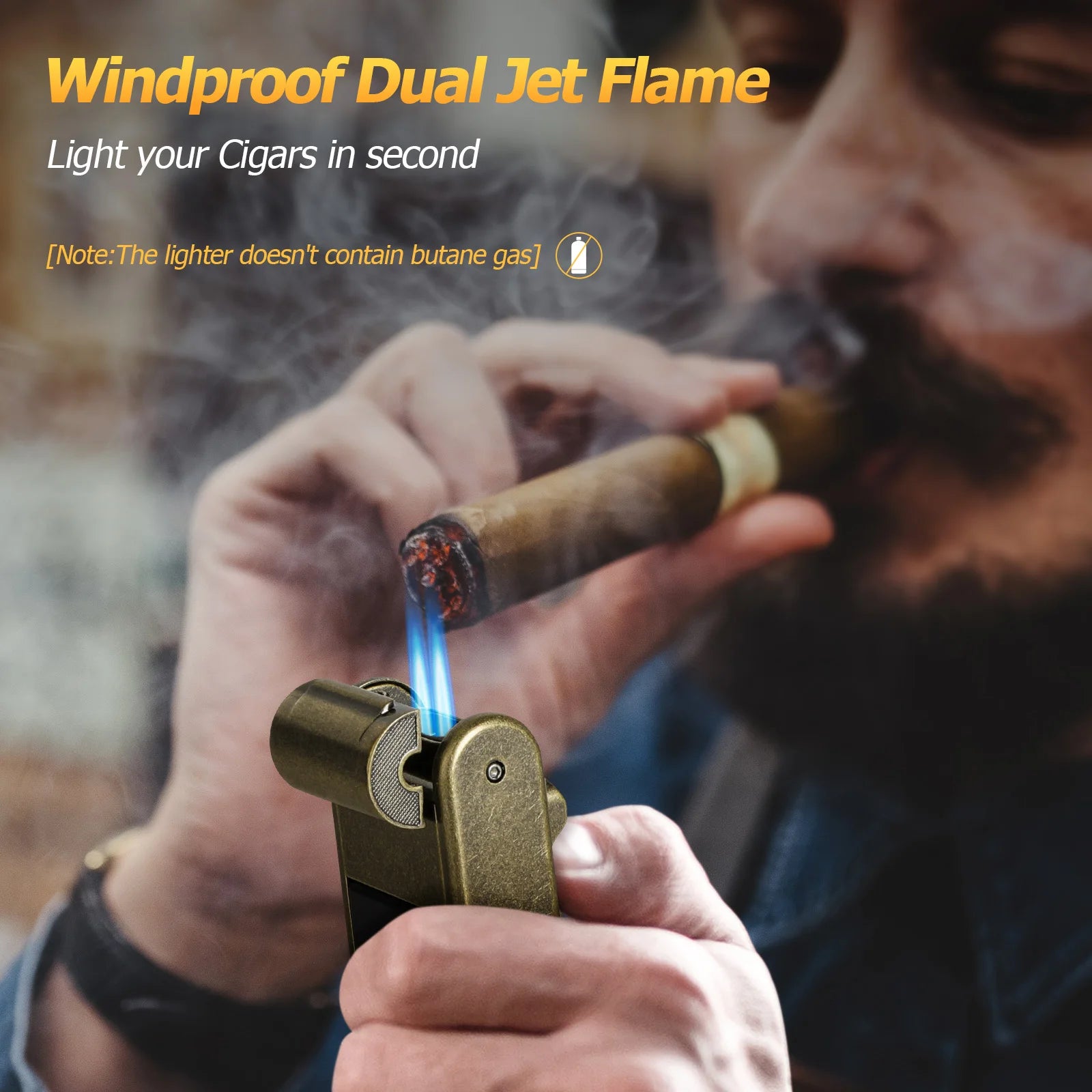 4 in 1 Cigar Lighter with Adjustable Jet Dual-Flame,Windproof Refillable Butane for Smoking,Cigar Gift for Men