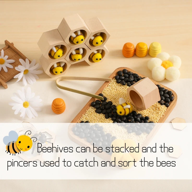 Wooden Montessori Bee Grab Toy Baby Hand And Foot Fine Exercise Toys Wooden Replica Beehive Plush Cartoon Bee Baby Birthday Gift