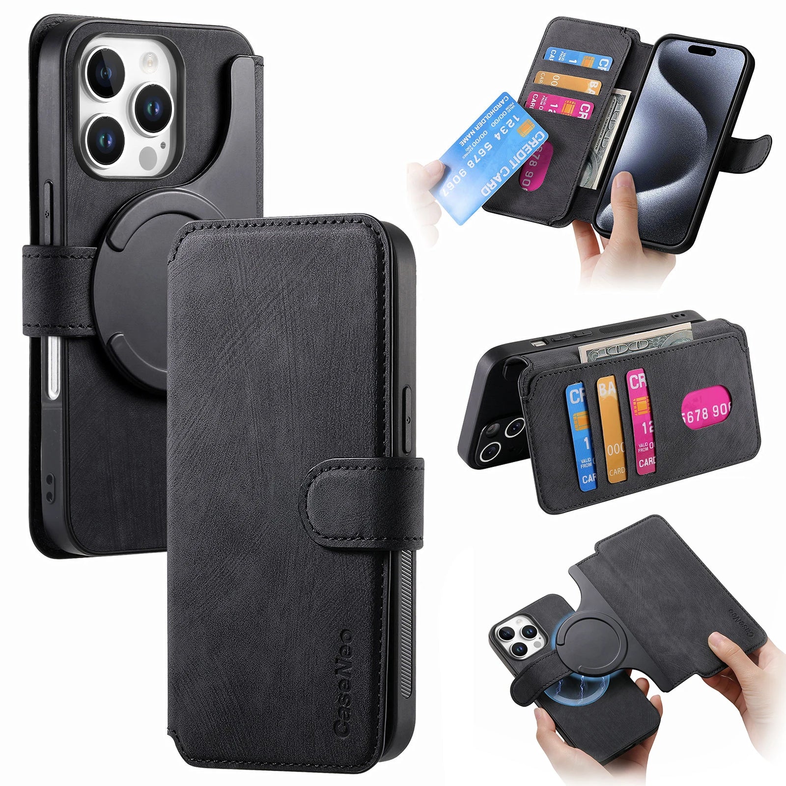 Flip Leather Wallet Case for iPhone 16 15 Pro Max 14 Plus 16E Magsafe  Detachable Card Slot Holder Cover