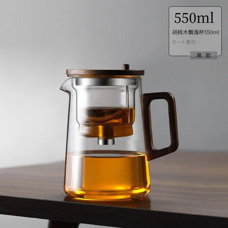 Water Separation Glass Teapot with One Click Tea Infuser and Wood Handle