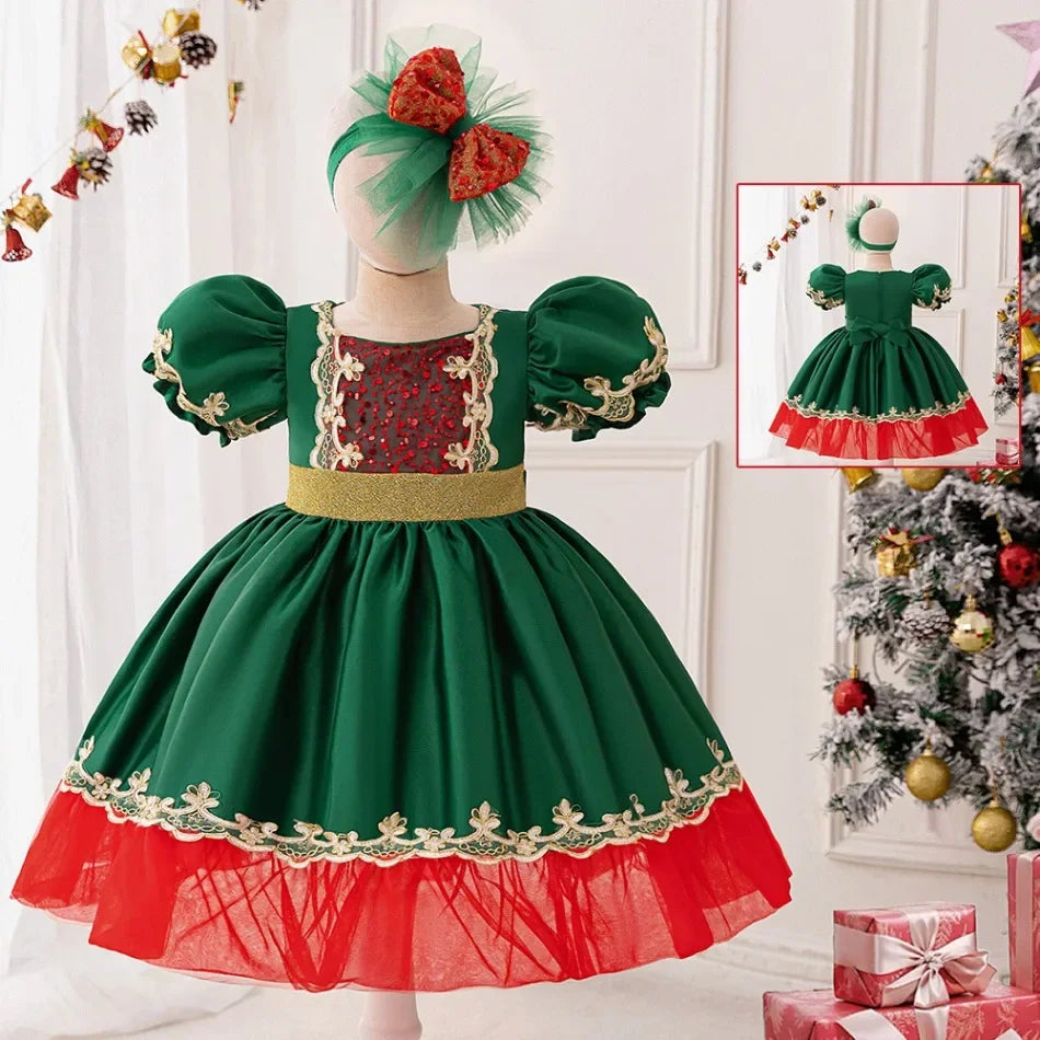 2Pcs Luxury Sequined Princess Christmas Dress for Girls Xmas Children's Cake Tiered Gala Formal Occasion Elegant Party Dresses