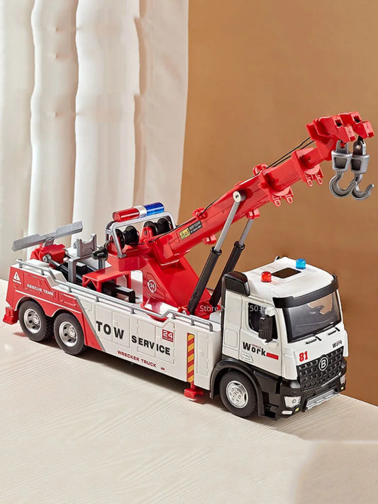 1/50 Scale Double Hook Rescue Crane Truck Alloy Model Toys Metal Diecast Engineering Vehicle Sound Light Gifts for Boys Birthday