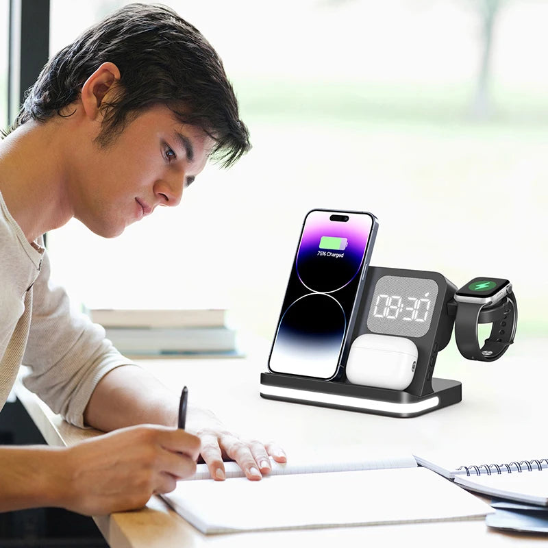 Four in one desktop clock wireless charger that can charge phones, headphones, and watches simultaneously