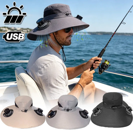 Wide Brim Fishing Hat With Dual Solar Fans