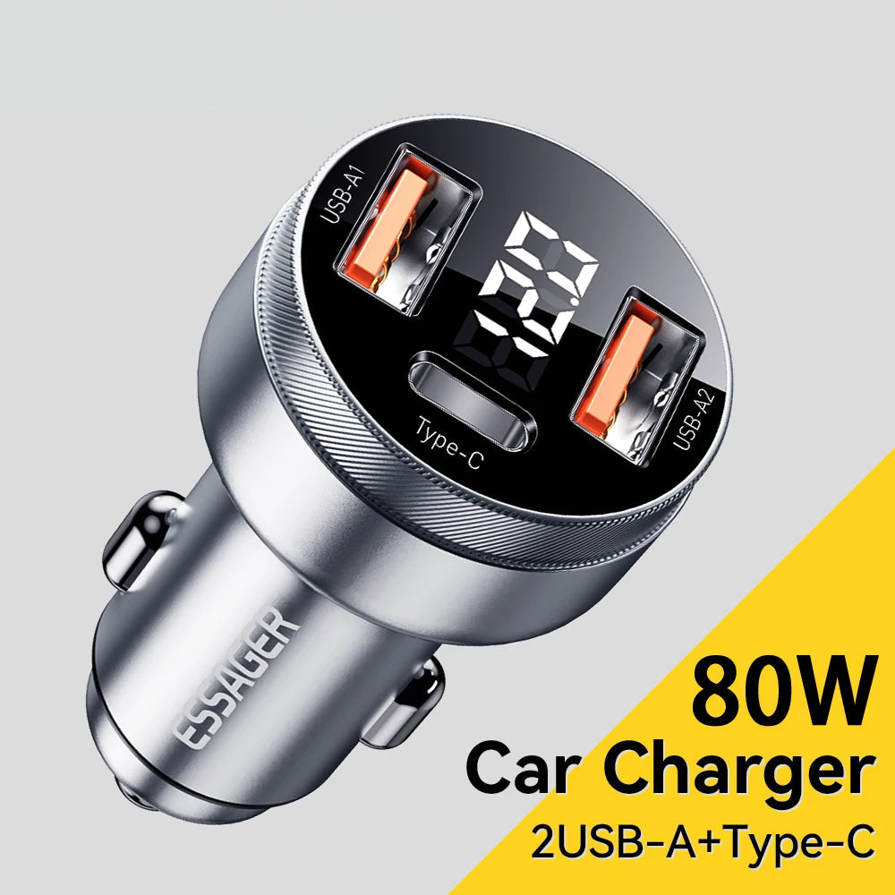 80W USB C Car Charger PD 3.0 QC 4.0 Fast Charging 3 Port Adapter with Digital Display