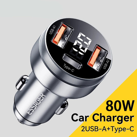 80W USB C Car Charger PD 3.0 QC 4.0 Fast Charging 3 Port Adapter with Digital Display