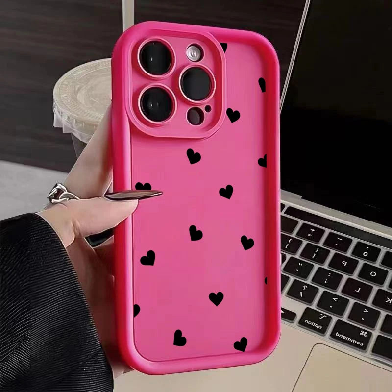 Black Love Heart Soft Matte Phone Case For iPhone 17 Air 14 Pro 16E Plus Cover For iPhone 15 16 17 Pro Max Cases