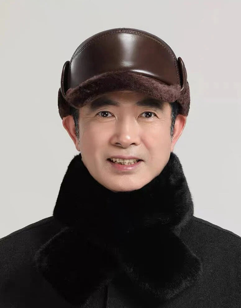 Winter Men's Hat Thicken Leather Cowskin Baseball Caps Bomber Hats With Ears Warm