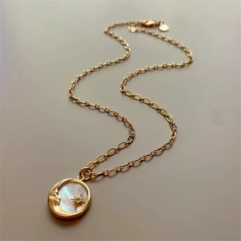 Vintage Sun and Moon Pendants Necklace White Shell Round Coin Stainless Steel Chain Necklaces