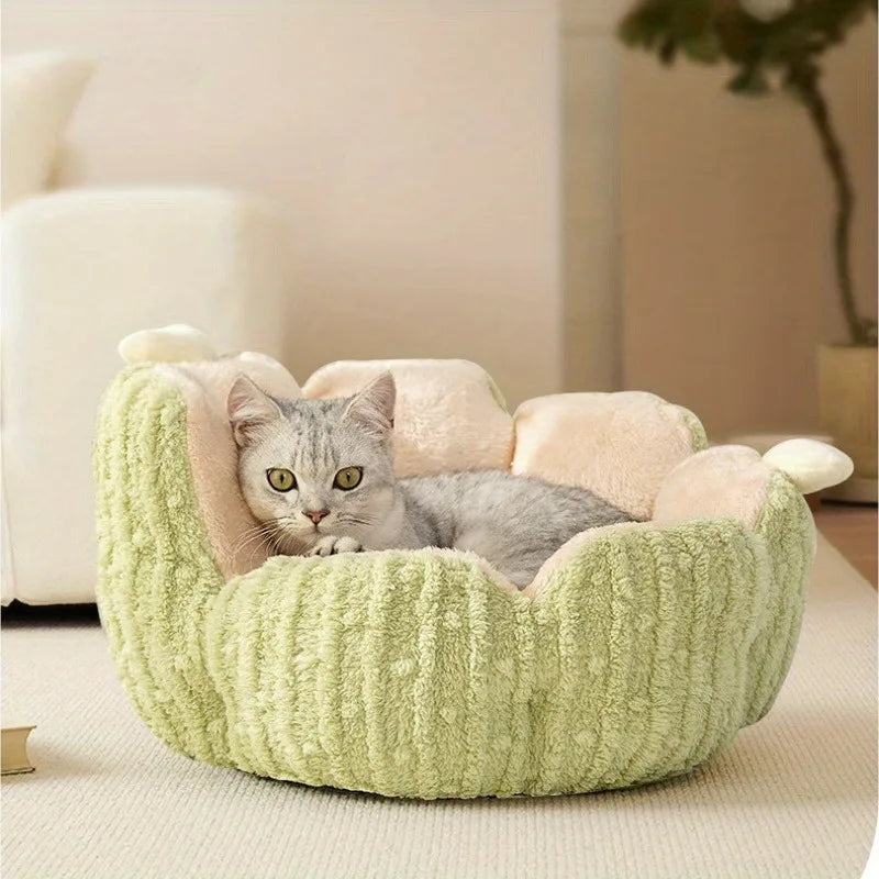 Warm Plush Pet House Bed Green for Cats and Small Dogs