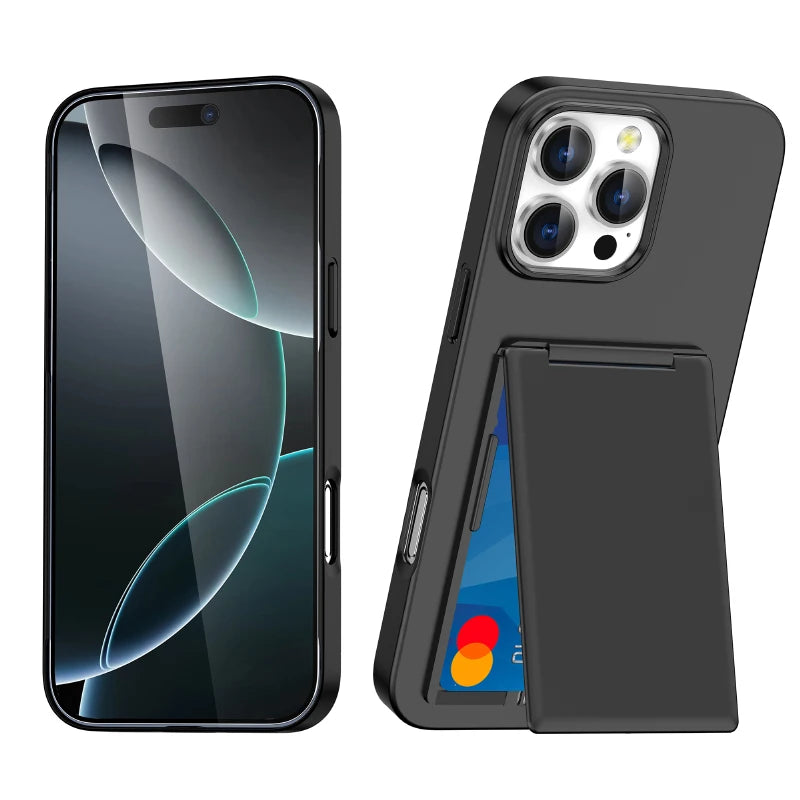 Luxury Solid Color Matte Wallet Card Slot Bracket Phone Case For iPhone 16 Pro Max 14 15 Pro Max Bumper Back Cover