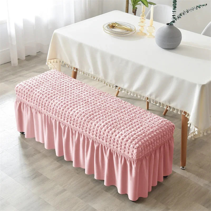 Stretch Long Bench Cover with Skirt Seersucker Ottoman Covers Elastic Piano Stool Protector Bedroom Bedside Footrest Slipcovers