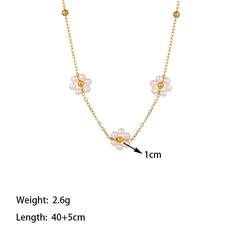 Titanium Steel Flower Pearl Necklace Bracelet Set For Women Girls Elegant 18K Gold Plated Bracelet Chain 45 cm