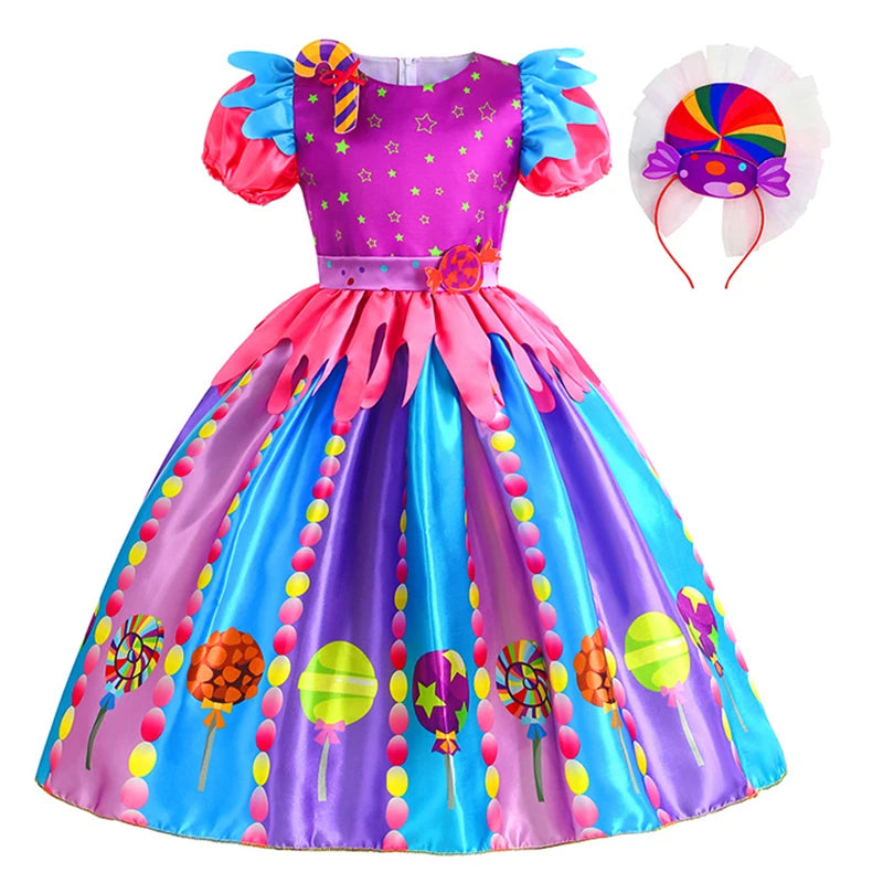 Girls Purim Festival Lollipop Costume Children Puff Sleeve Candy Costume Kids Sweet Lollipop Print Birthday Party Dresses