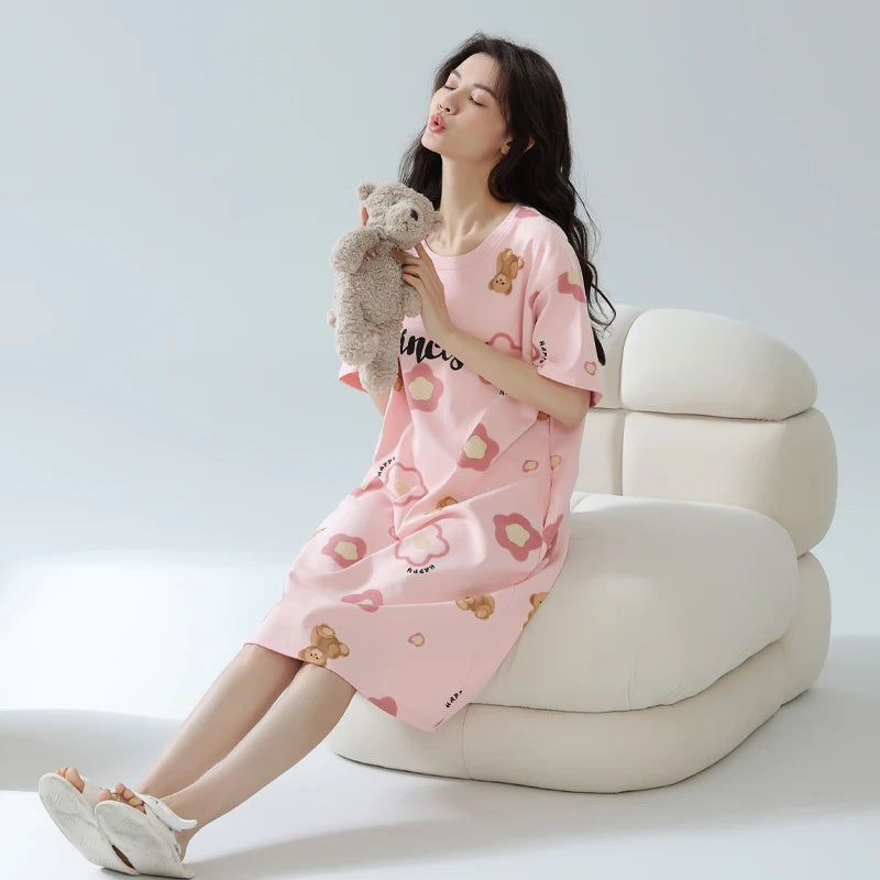Women’s Cotton Nightgown – Korean Style Cute Print, Summer Short Sleeve Sleepwear Dress