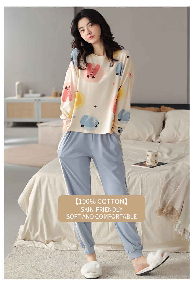 Women’s Cute Lazy Style Cotton Pajama Set – Soft, Loose Long Sleeves & Pants