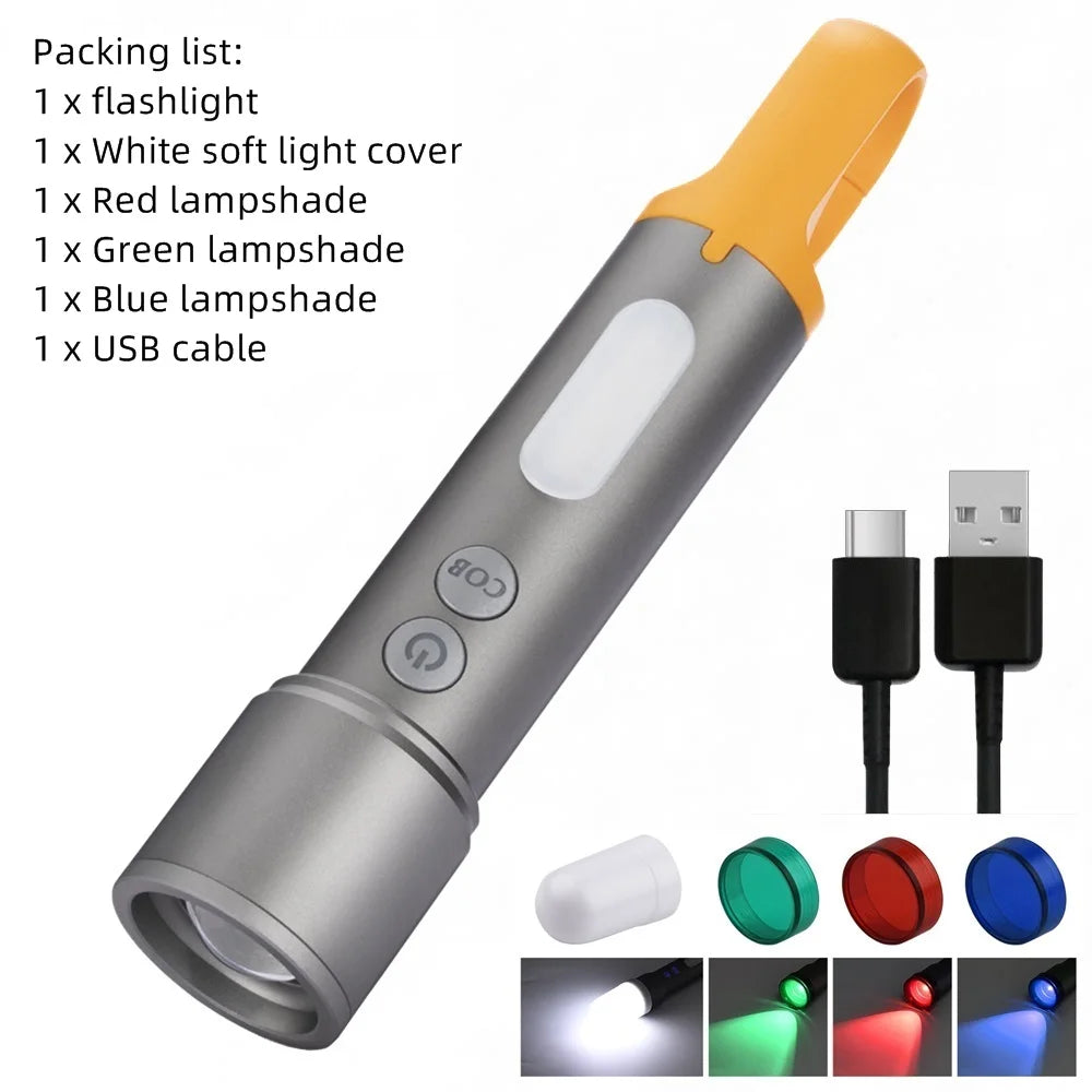 12W Zoom Rechargeable LED Flashlight With Red Green Blue And White Light