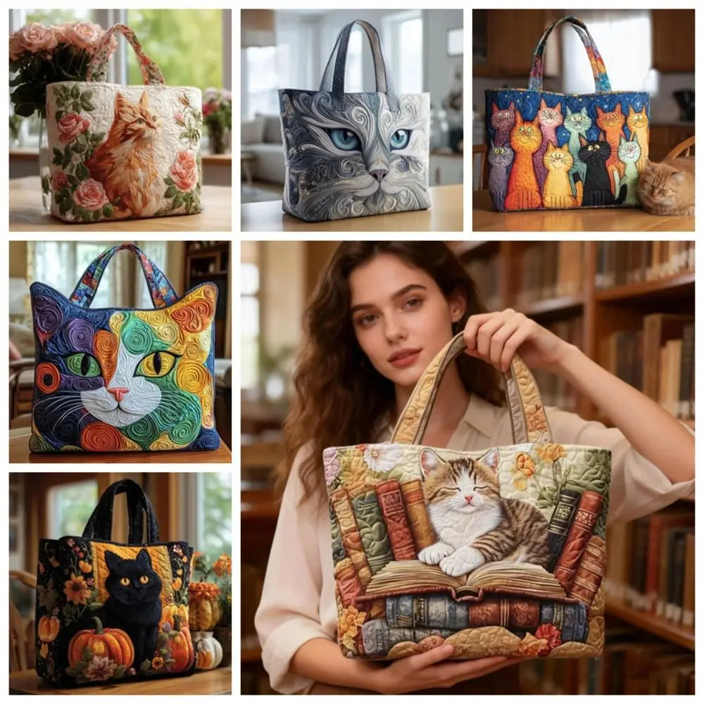Cat Print Quilted Cotton Tote Bag Large Capacity Travel Shopping Handbag