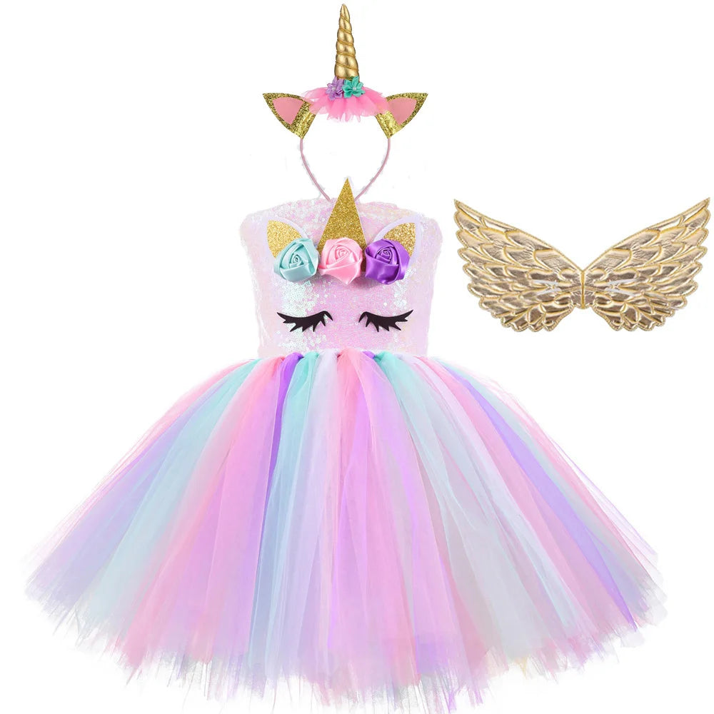 Rainbow Unicorn Princess Dress with Angel Wings Party Costume