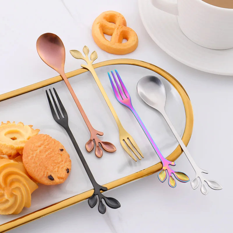 Gold Long Handle Spoon Stainless Steel Leaf Teaspoon Nordic Mini Stirring Spoons Small Fork for Dessert Coffee Honey Home Decor