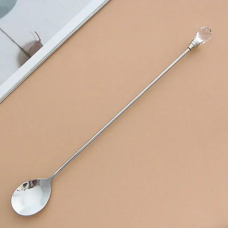 Stainless Steel Diamond Coffee Spoon and Fork Set Creative Crystal Long Handle, Perfect for Desserts, Ice Cream, Cake, and Fruit