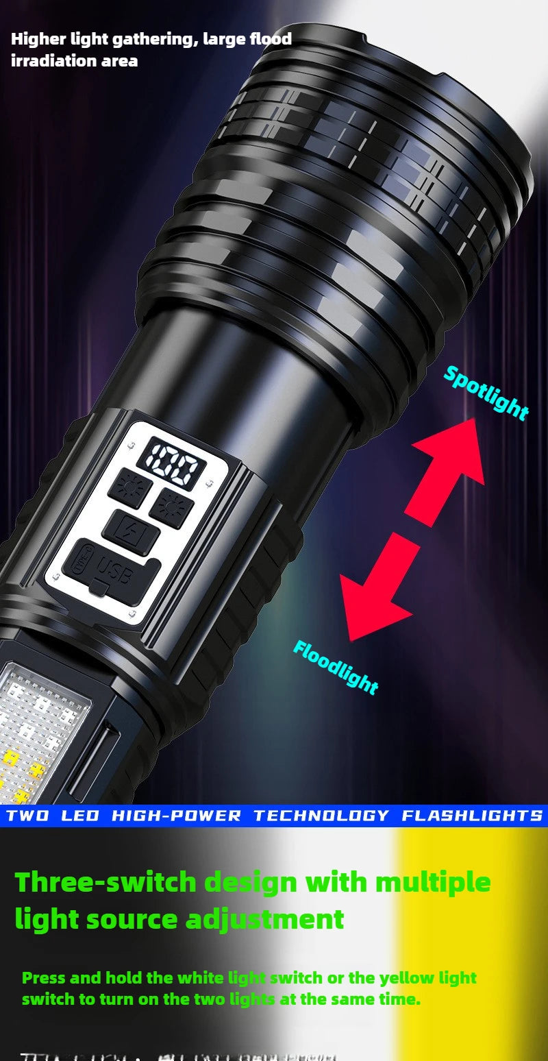 100000LM Dual Laser Flashlight White & Yellow Beam Rechargeable Zoom Tactical Torch with COB Side Light