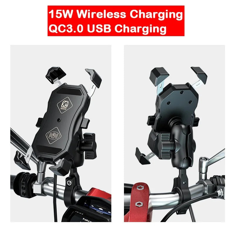Motorcycle Fork Stem Wireless Charger 15W Qi/USB Quick Charge Phone Holder Handlebar Mirror Mount with 1" Ball for 3.5"-6.8"