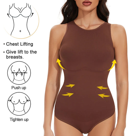 Women Sleeveless Crew Neck Shapewear Bodysuit – Tummy Control Thong Body Shaper