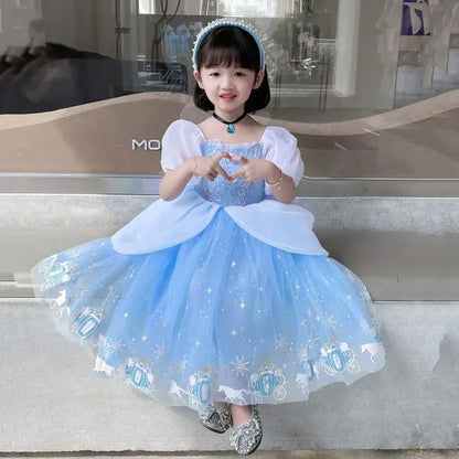 Cinderella Princess Cosplay Dress for Girl Kids Ball Gown Sequin Carnival TUTU Puff Mesh Clothing for Birthday Gift Summer Dress