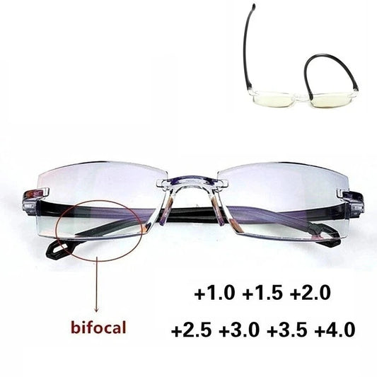 Rimless Reading Glasses Anti Blue Light Bifocal Far Near Sight Magnification Eyewear Presbyopia Glasses +150